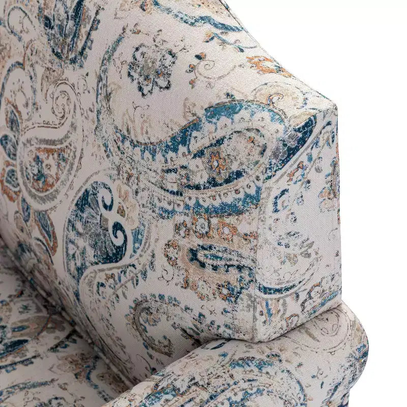 Yahweh Sillón tapizado de madera de transición con diseño de patrón floral, brazos con panel y respaldo de camello | ART OF LIVING DESIGNS