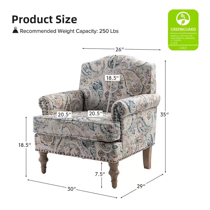 Yahweh Sillón tapizado de madera de transición con diseño de patrón floral, brazos con panel y respaldo de camello | ART OF LIVING DESIGNS
