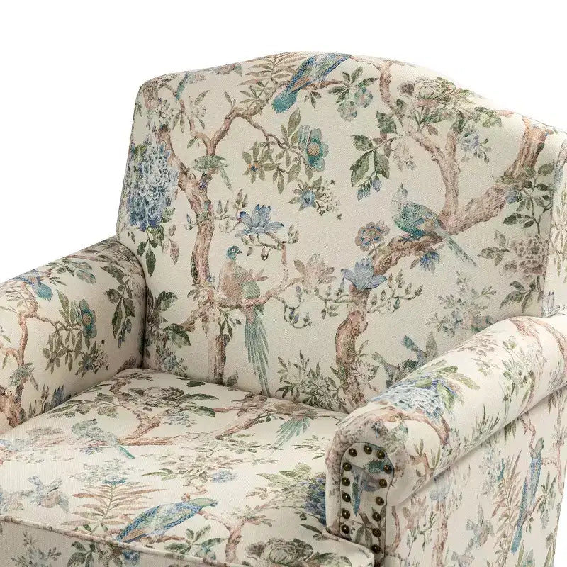 Yahweh Sillón tapizado de madera de transición con diseño de patrón floral, brazos con panel y respaldo de camello | ART OF LIVING DESIGNS