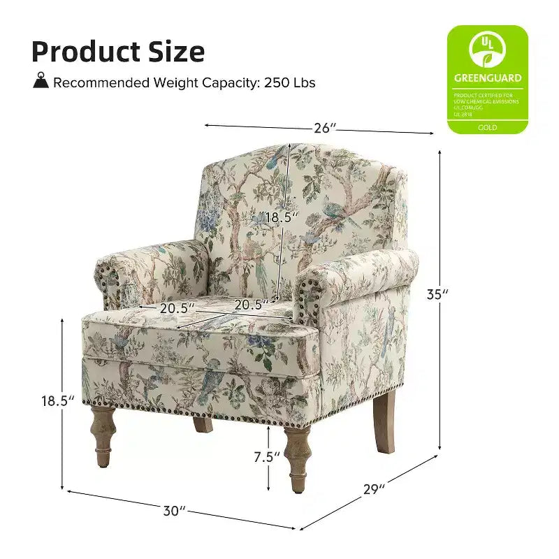 Yahweh Sillón tapizado de madera de transición con diseño de patrón floral, brazos con panel y respaldo de camello | ART OF LIVING DESIGNS