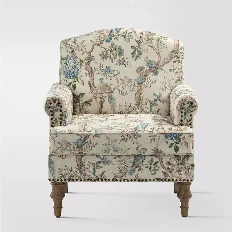 Yahweh Sillón tapizado de madera de transición con diseño de patrón floral, brazos con panel y respaldo de camello | ART OF LIVING DESIGNS