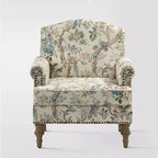 Yahweh Sillón tapizado de madera de transición con diseño de patrón floral, brazos con panel y respaldo de camello | ART OF LIVING DESIGNS