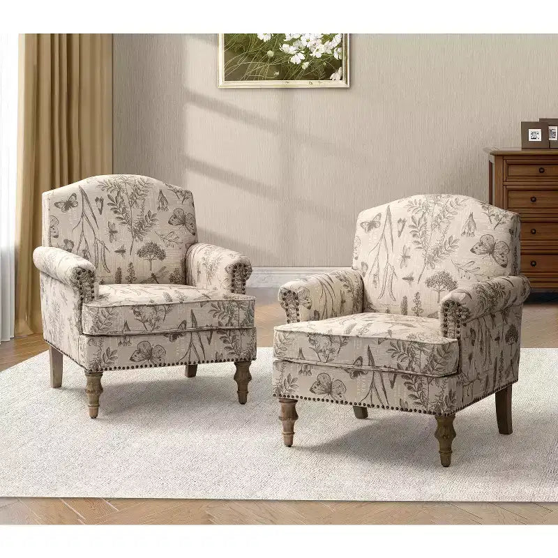 Juego de 2 sillones tapizados de madera Yahweh de estilo de transición con brazos de panel y respaldo curvado para dormitorio | ART OF LIVING DESIGNS
