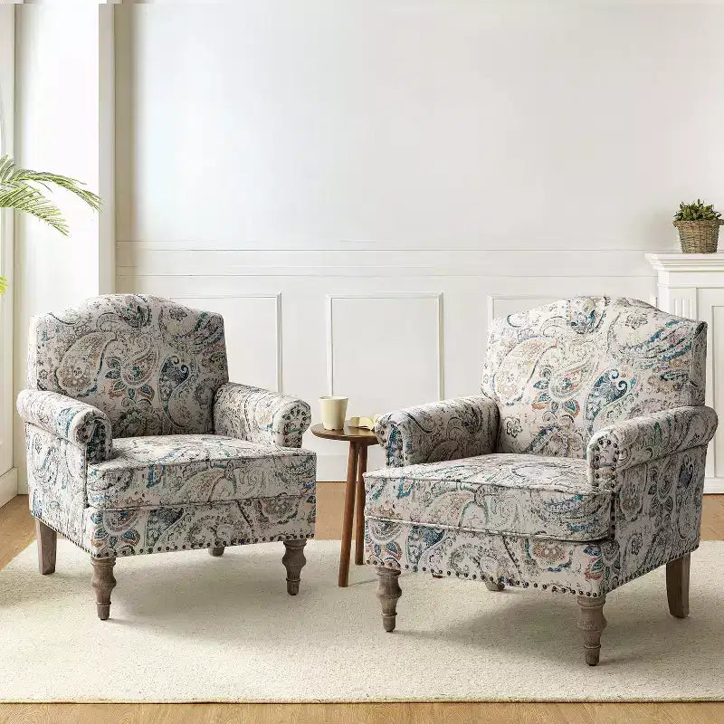 Juego de 2 sillones tapizados de madera Yahweh de estilo de transición con brazos de panel y respaldo curvado para dormitorio | ART OF LIVING DESIGNS