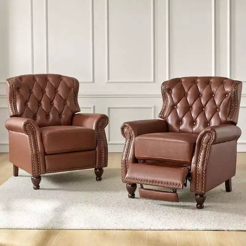 Juego de 2 sillones reclinables de cuero genuino tapizados en madera, modelo Justine Transitional, con ribete de cabeza de clavo para sala de estar y dormitorio | ART OF LIVING DESIGNS