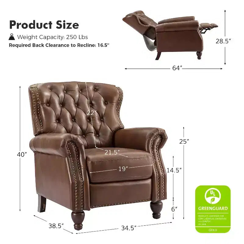 Juego de 2 sillones reclinables de cuero genuino tapizados en madera, modelo Justine Transitional, con ribete de cabeza de clavo para sala de estar y dormitorio | ART OF LIVING DESIGNS