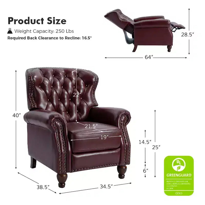 Juego de 2 sillones reclinables de cuero genuino tapizados en madera, modelo Justine Transitional, con ribete de cabeza de clavo para sala de estar y dormitorio | ART OF LIVING DESIGNS