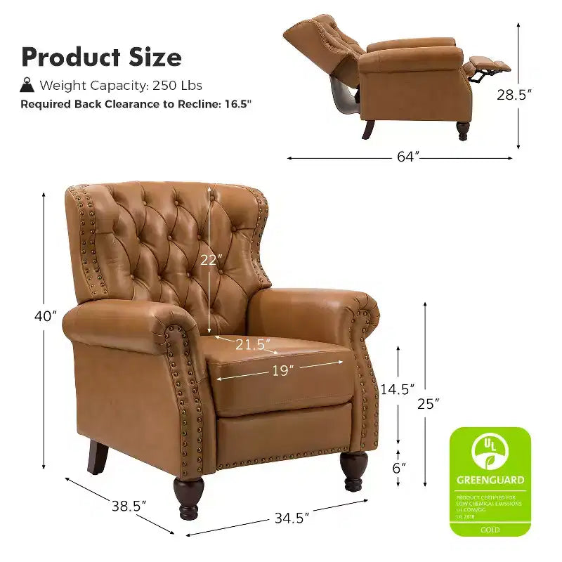 Juego de 2 sillones reclinables de cuero genuino tapizados en madera, modelo Justine Transitional, con ribete de cabeza de clavo para sala de estar y dormitorio | ART OF LIVING DESIGNS