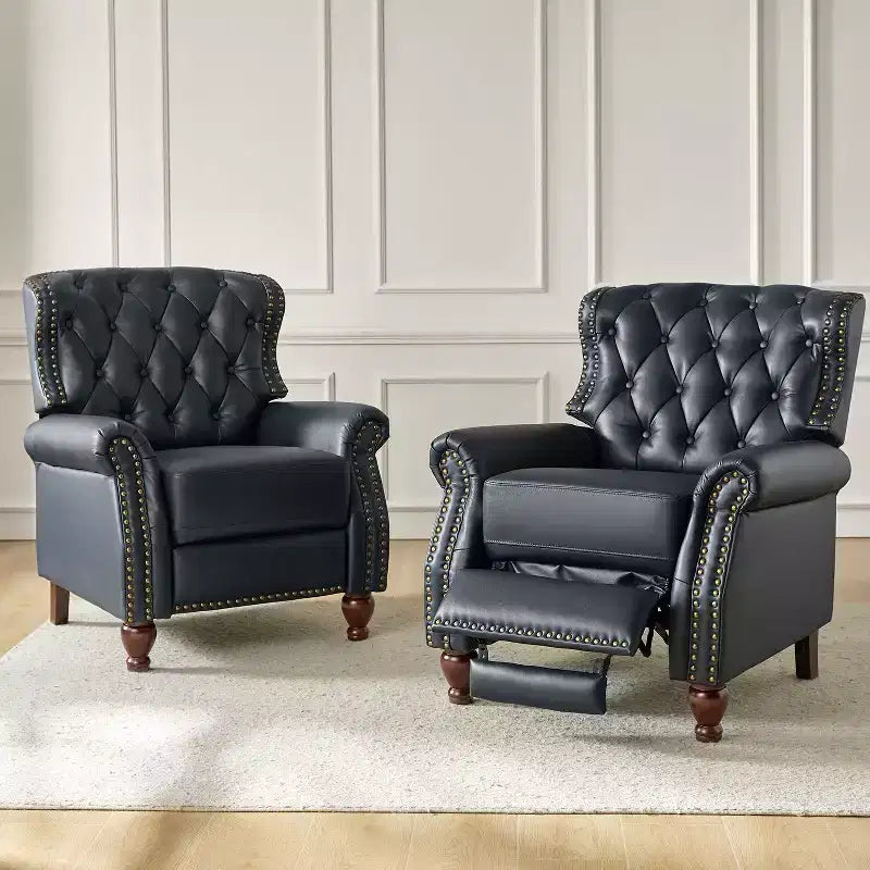 Juego de 2 sillones reclinables de cuero genuino tapizados en madera, modelo Justine Transitional, con ribete de cabeza de clavo para sala de estar y dormitorio | ART OF LIVING DESIGNS