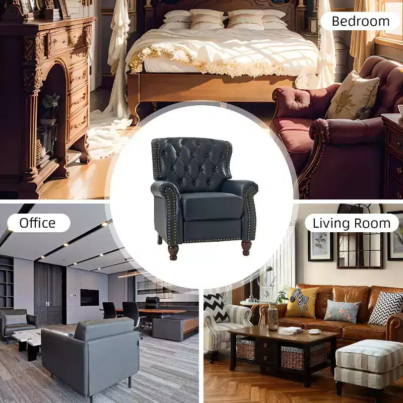 Juego de 2 sillones reclinables de cuero genuino tapizados en madera, modelo Justine Transitional, con ribete de cabeza de clavo para sala de estar y dormitorio | ART OF LIVING DESIGNS