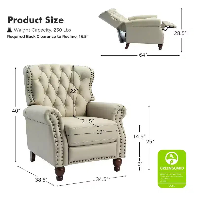 Juego de 2 sillones reclinables de cuero genuino tapizados en madera, modelo Justine Transitional, con ribete de cabeza de clavo para sala de estar y dormitorio | ART OF LIVING DESIGNS