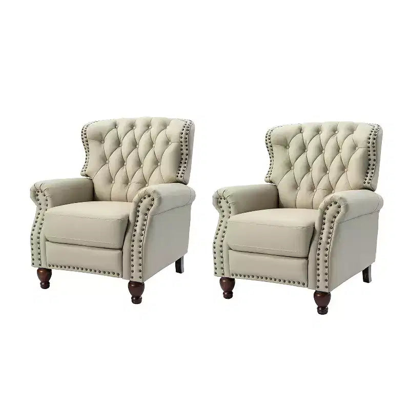 Juego de 2 sillones reclinables de cuero genuino tapizados en madera, modelo Justine Transitional, con ribete de cabeza de clavo para sala de estar y dormitorio | ART OF LIVING DESIGNS