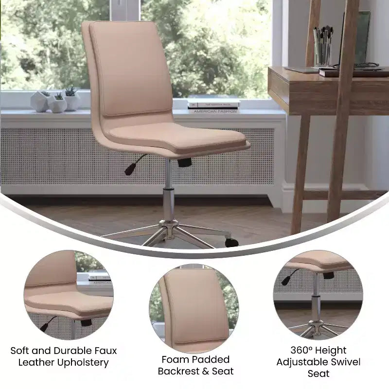 Silla de oficina moderna de piel sintética tapizada Emma y Oliver de respaldo medio con base de 5 radios y ajuste neumático de altura del asiento