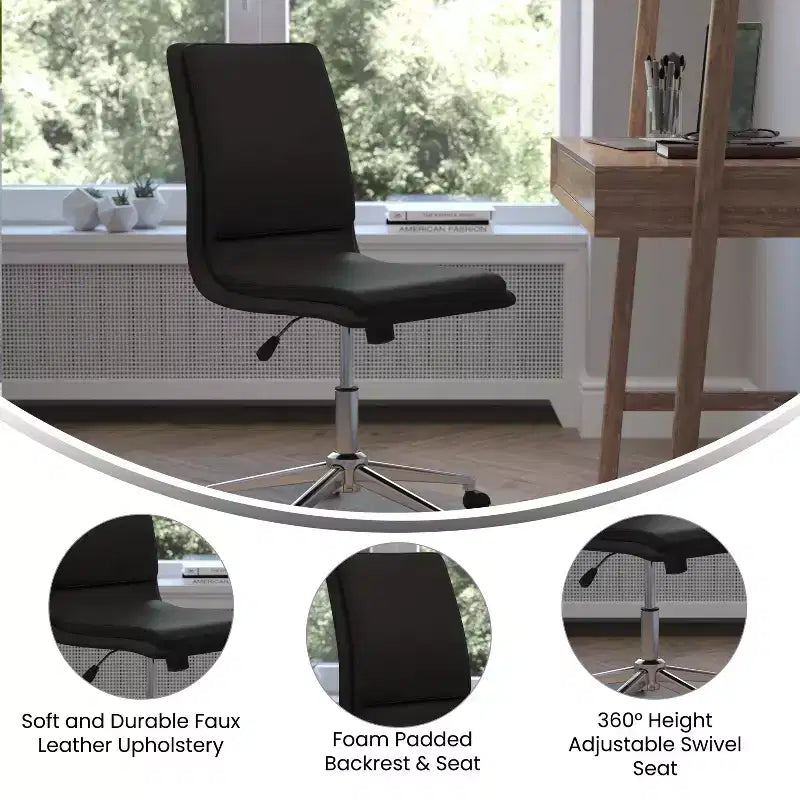 Silla de oficina moderna de piel sintética tapizada Emma y Oliver de respaldo medio con base de 5 radios y ajuste neumático de altura del asiento