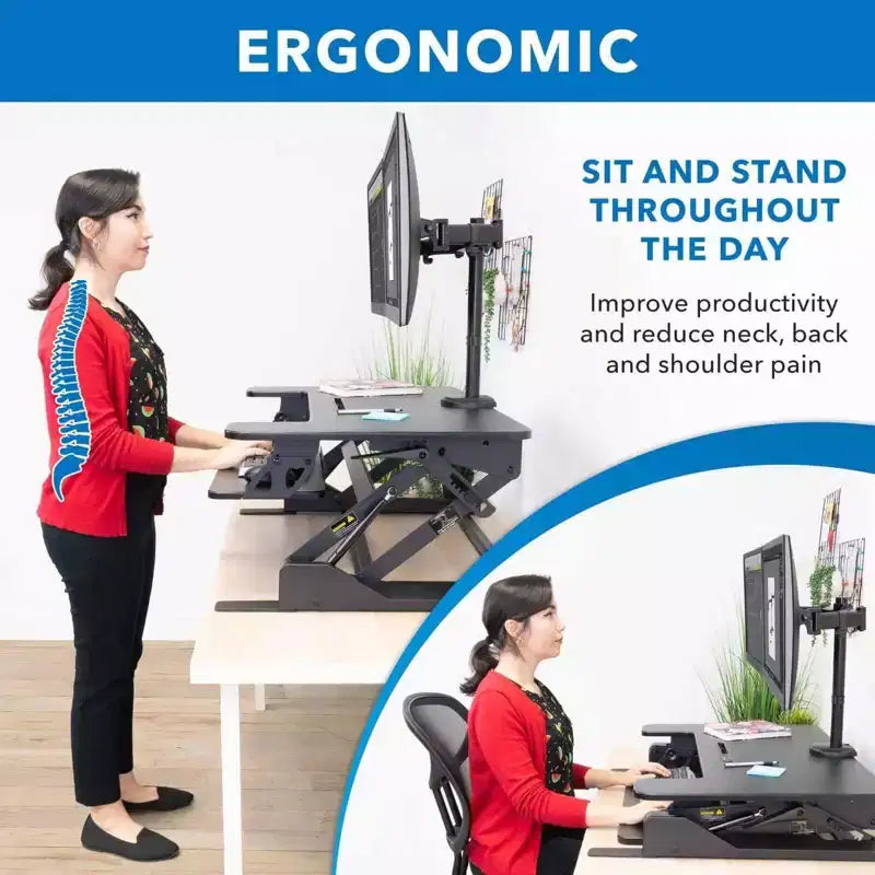 Mount-It! Conversor de escritorio de pie ajustable en altura con soporte doble para monitor adicional incluido - Estación de trabajo ancha de 36 pulgadas para sentarse y levantarse con elevador de resorte de gas
