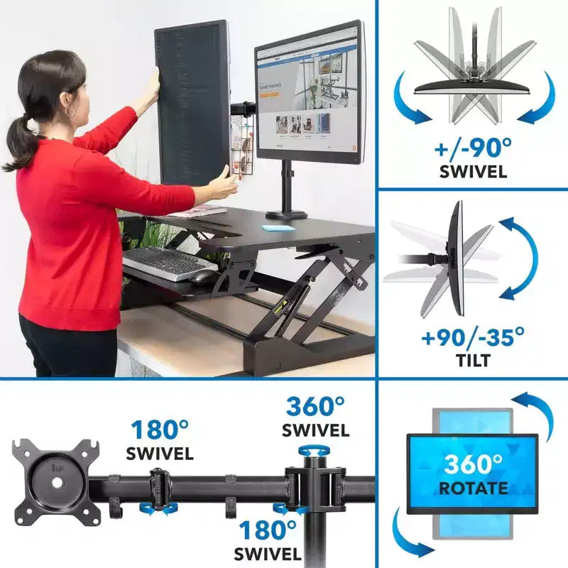 Mount-It! Conversor de escritorio de pie ajustable en altura con soporte doble para monitor adicional incluido - Estación de trabajo ancha de 36 pulgadas para sentarse y levantarse con elevador de resorte de gas