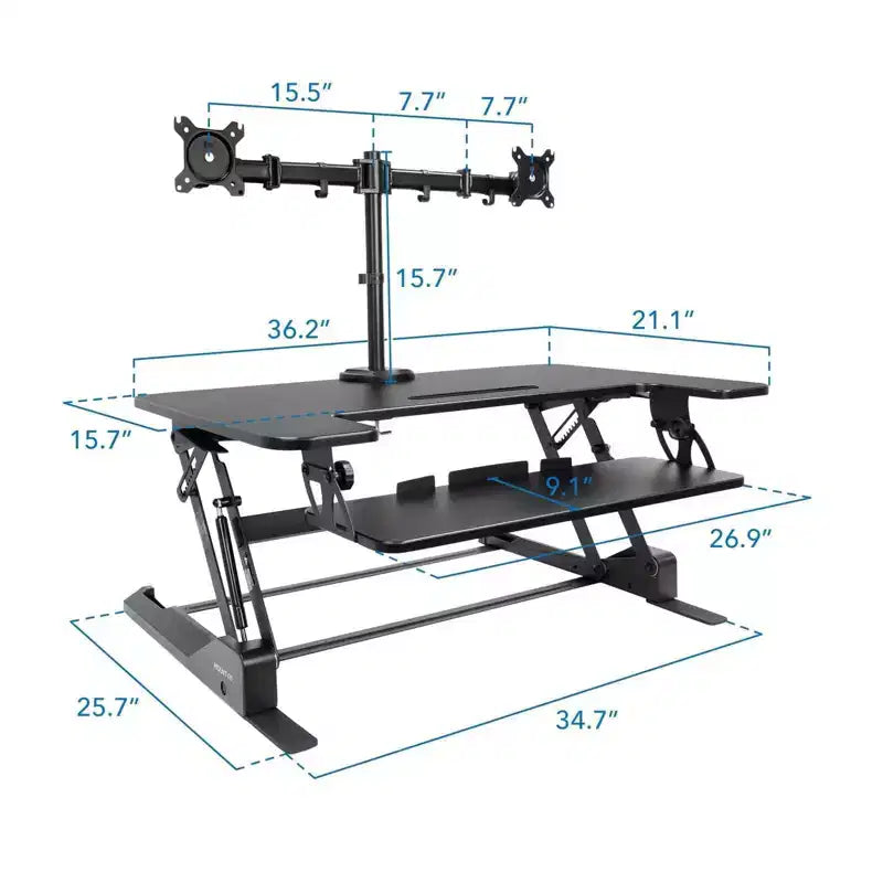 Mount-It! Conversor de escritorio de pie ajustable en altura con soporte doble para monitor adicional incluido - Estación de trabajo ancha de 36 pulgadas para sentarse y levantarse con elevador de resorte de gas