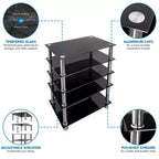 Mount-It! Estante multimedia de componentes AV de vidrio templado, torre de audio y centro multimedia con 5 estantes, capacidad total de 220 libras, estantes negros y patas cromadas