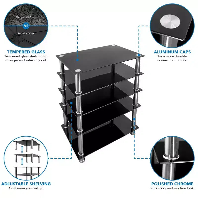 Mount-It! Estante multimedia de componentes AV de vidrio templado, torre de audio y centro multimedia con 5 estantes, capacidad total de 220 libras, estantes negros y patas cromadas