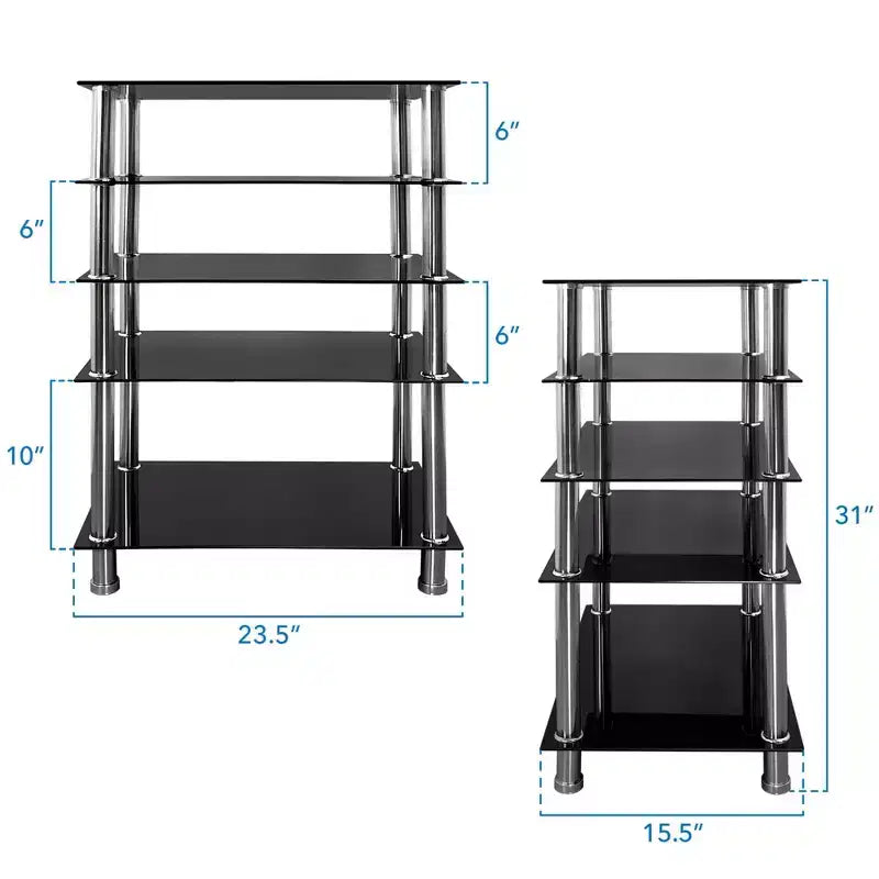 Mount-It! Estante multimedia de componentes AV de vidrio templado, torre de audio y centro multimedia con 5 estantes, capacidad total de 220 libras, estantes negros y patas cromadas