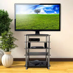Mount-It! Estante multimedia de componentes AV de vidrio templado, torre de audio y centro multimedia con 5 estantes, capacidad total de 220 libras, estantes negros y patas cromadas
