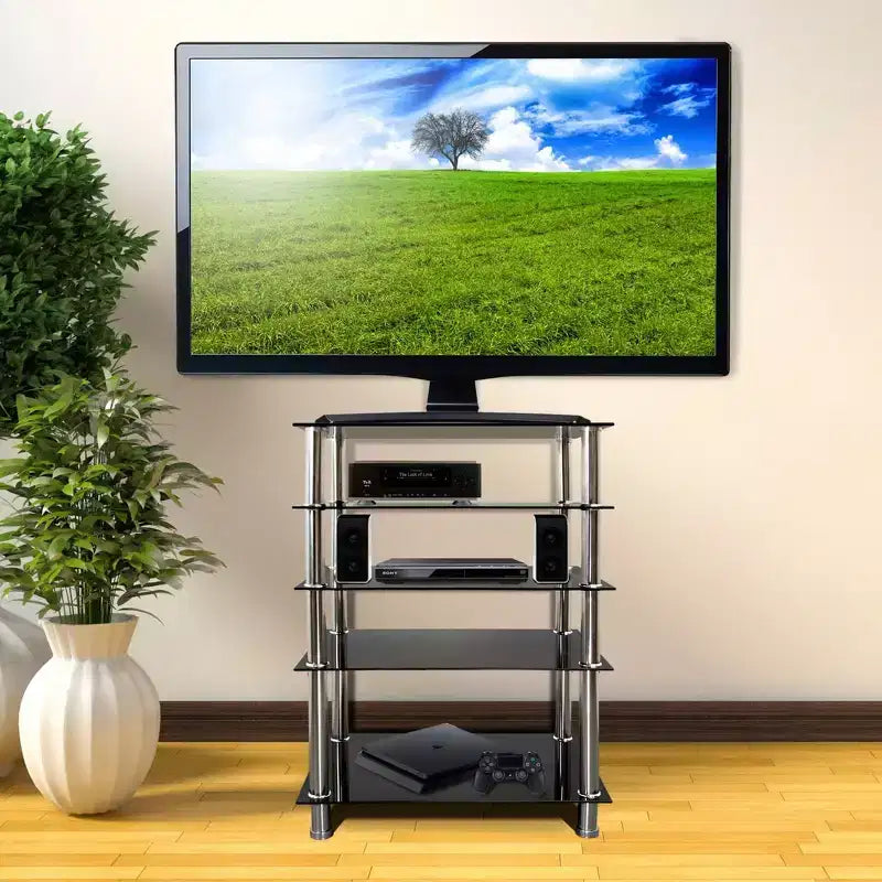 Mount-It! Estante multimedia de componentes AV de vidrio templado, torre de audio y centro multimedia con 5 estantes, capacidad total de 220 libras, estantes negros y patas cromadas