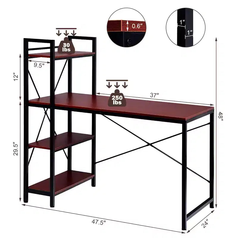 Costway Escritorio Compacto para Computadora de 47.5'' con Estanterías de Almacenamiento de 4 Niveles para Oficina en Casa