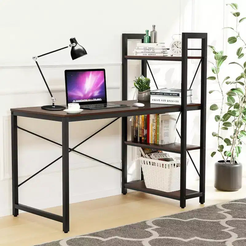 Costway Escritorio Compacto para Computadora de 47.5'' con Estanterías de Almacenamiento de 4 Niveles para Oficina en Casa