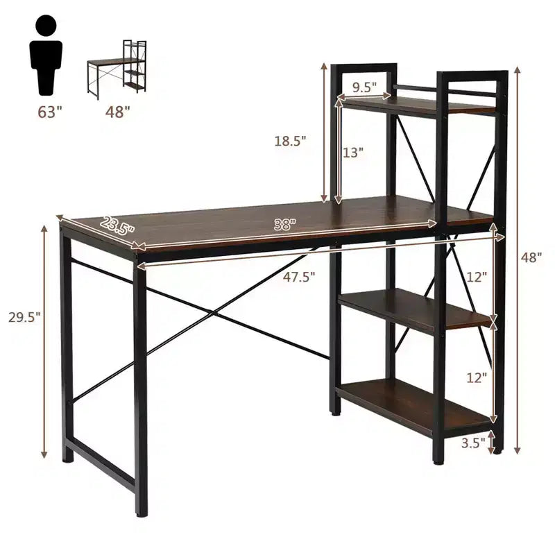 Costway Escritorio Compacto para Computadora de 47.5'' con Estanterías de Almacenamiento de 4 Niveles para Oficina en Casa