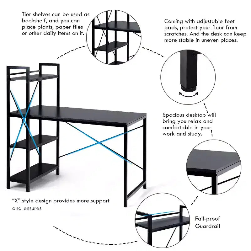 Costway Escritorio Compacto para Computadora de 47.5'' con Estanterías de Almacenamiento de 4 Niveles para Oficina en Casa