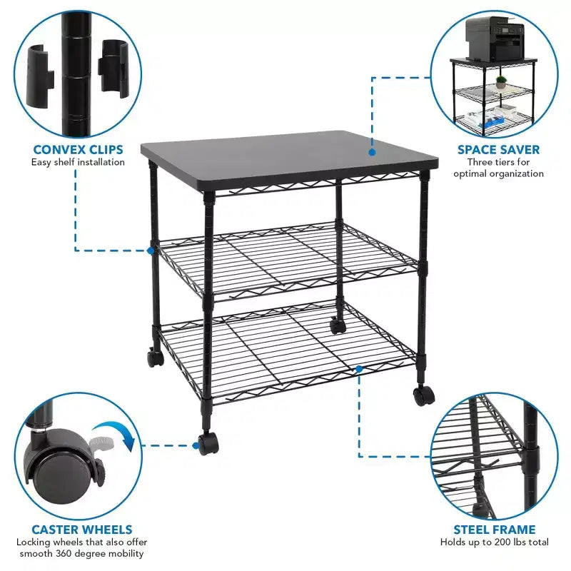 Soporte para impresora Mount-It! con ruedas, carro de impresora grande de 3 niveles con estantes de almacenamiento para impresoras 3D y láser, escáner, prensa de calor, capacidad de 200 libras.