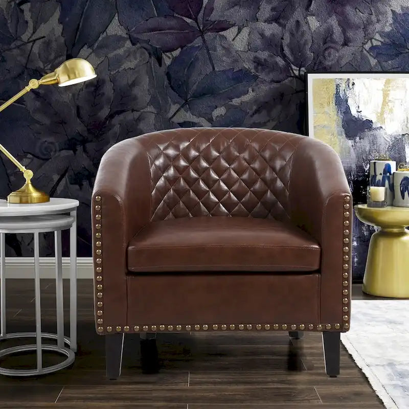 Sillón decorativo Barrel con tachuelas y patas de madera maciza