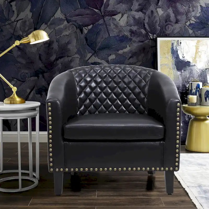 Sillón decorativo Barrel con tachuelas y patas de madera maciza