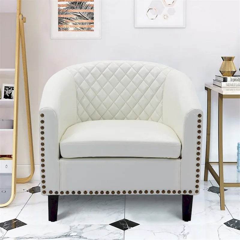 Sillón decorativo Barrel con tachuelas y patas de madera maciza