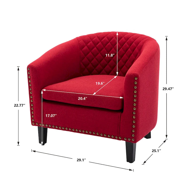 Sillón decorativo Barrel con tachuelas y patas de madera maciza