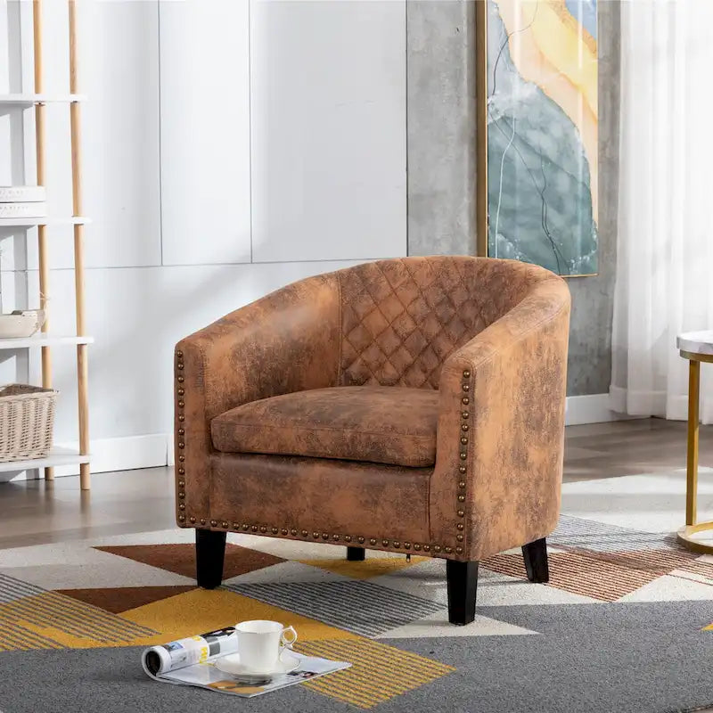 Sillón decorativo Barrel con tachuelas y patas de madera maciza