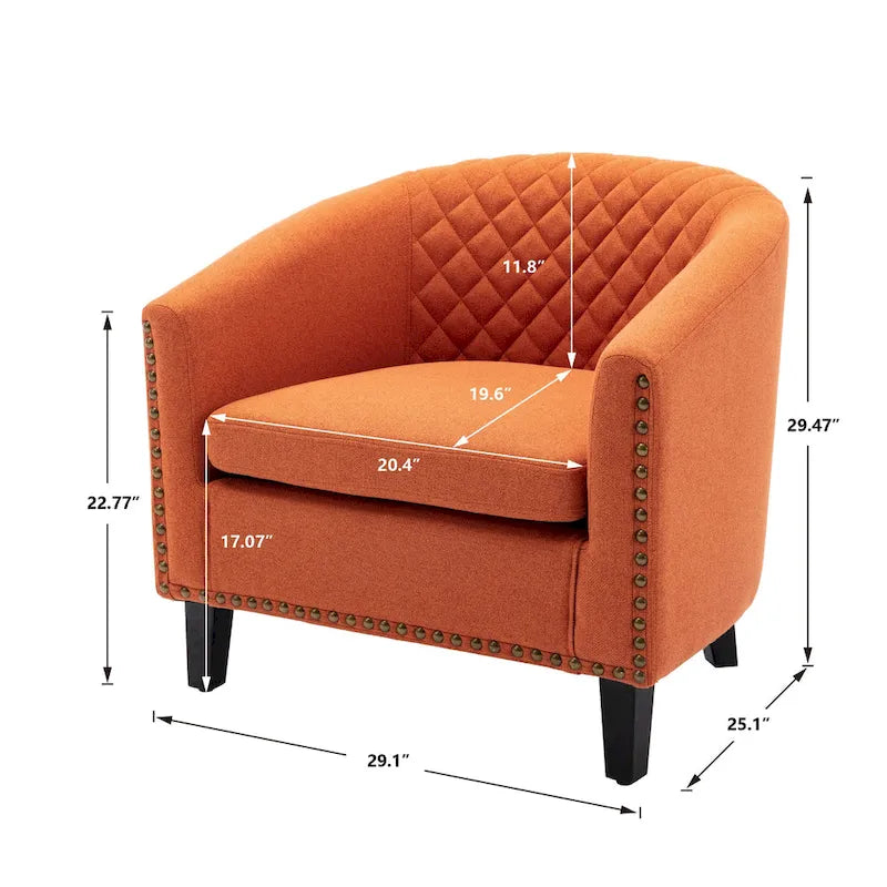 Sillón decorativo Barrel con tachuelas y patas de madera maciza