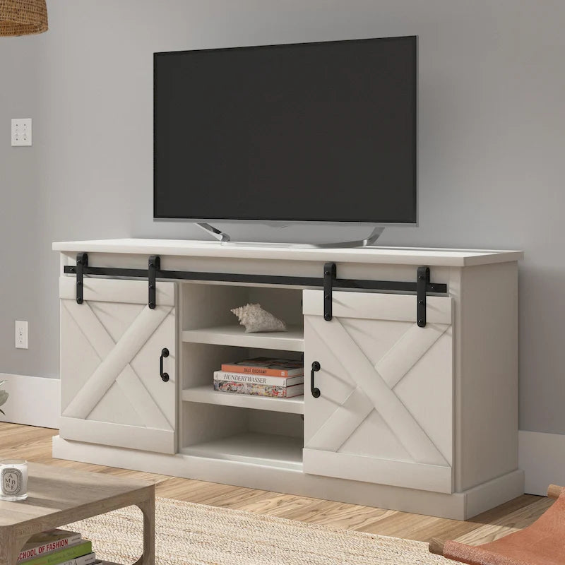 Mueble de TV rústico de madera maciza de 66 pulgadas con puertas corredizas de granero