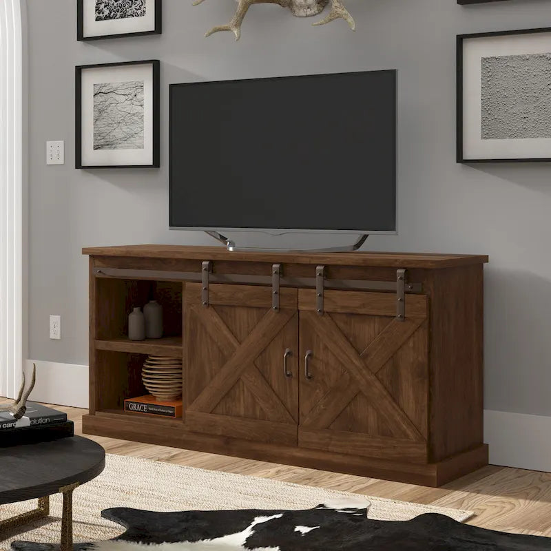 Mueble de TV rústico de madera maciza de 66 pulgadas con puertas corredizas de granero