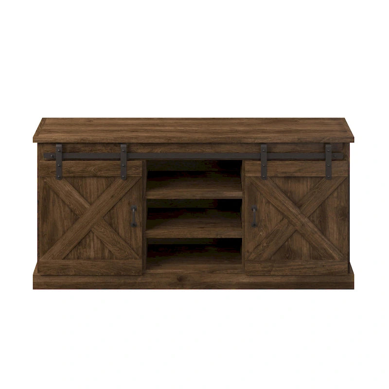 Mueble de TV rústico de madera maciza de 66 pulgadas con puertas corredizas de granero