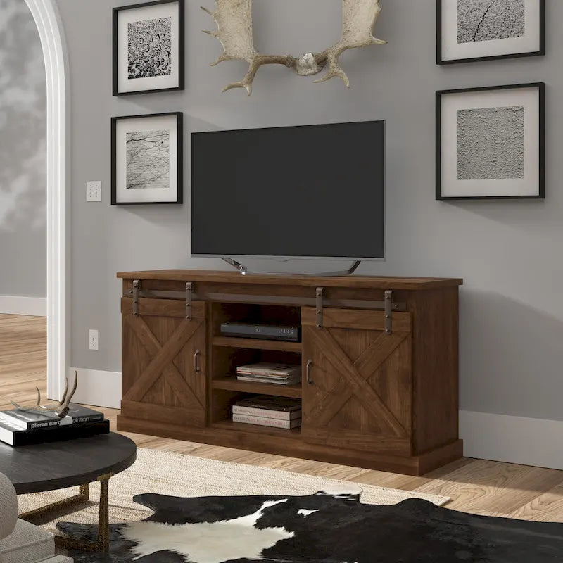 Mueble de TV rústico de madera maciza de 66 pulgadas con puertas corredizas de granero