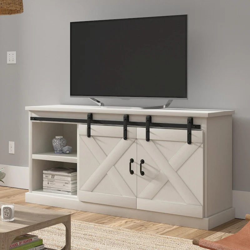 Mueble de TV rústico de madera maciza de 66 pulgadas con puertas corredizas de granero