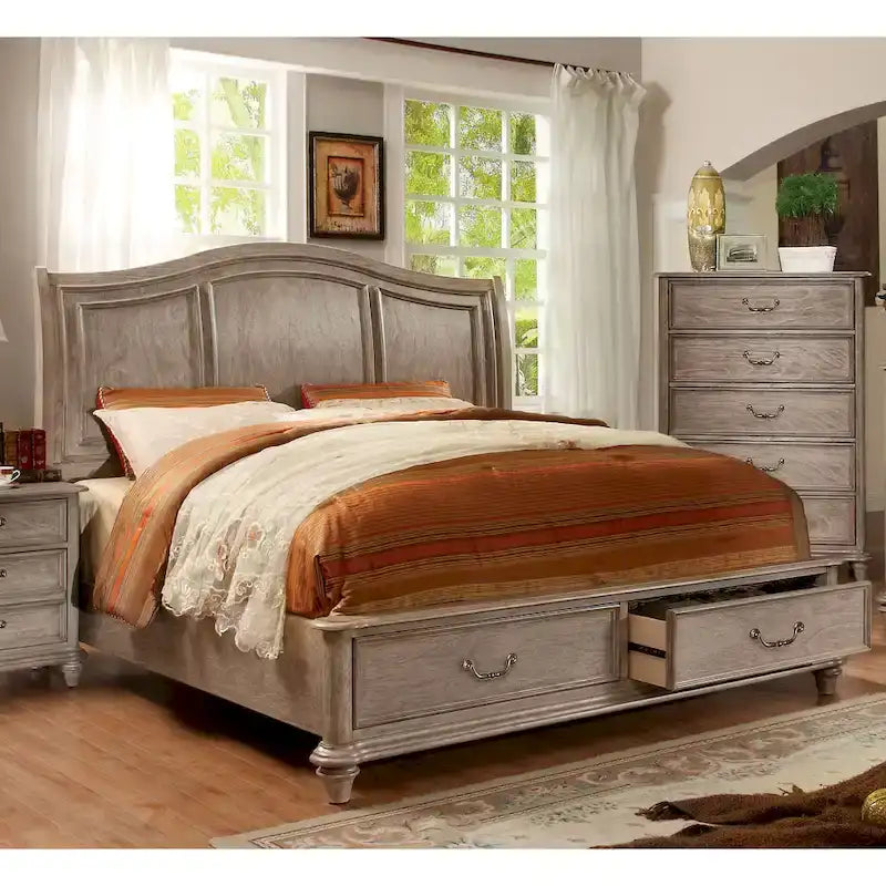 Cama con plataforma de madera maciza con almacenaje y cabecero arqueado