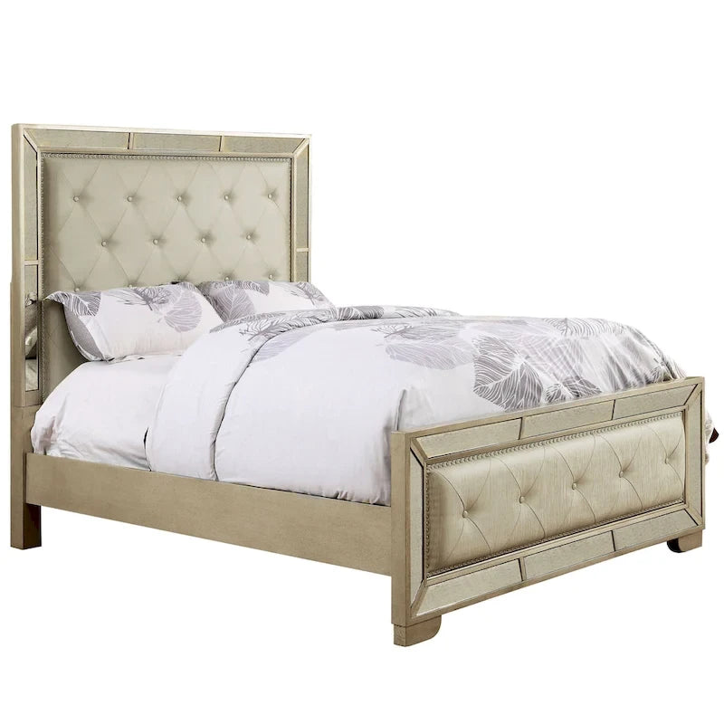 Cama con dosel y paneles moderna de polipiel dorada