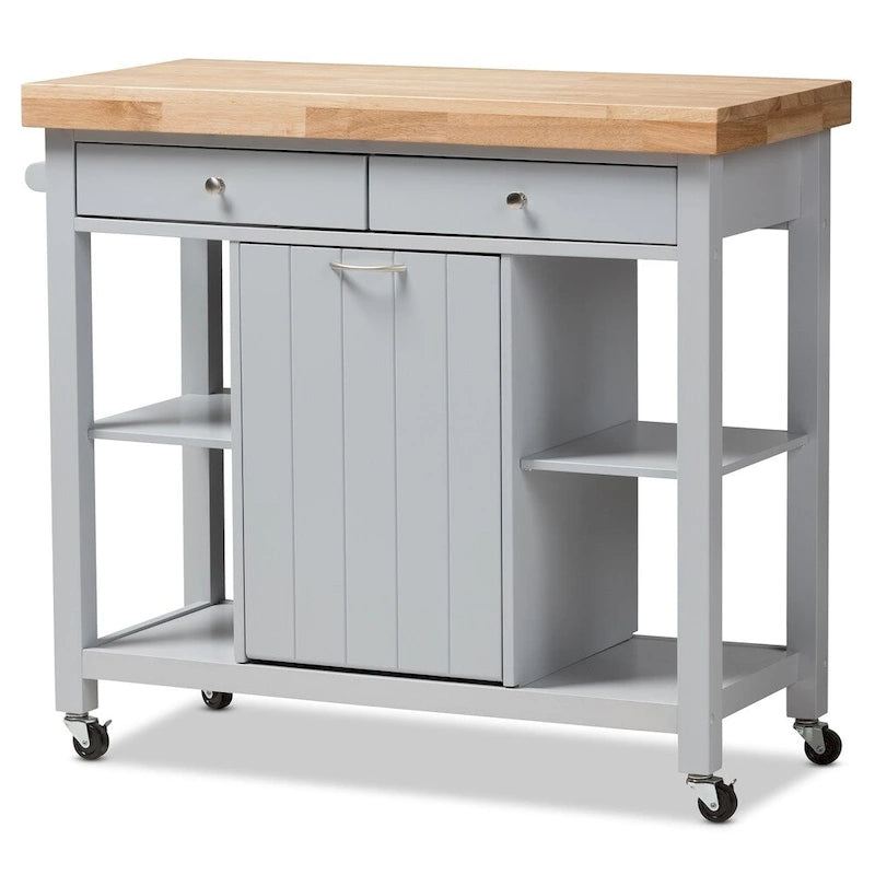 Carrito de cocina de madera gris estilo rústico con encimera de madera de caucho
