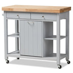 Carrito de cocina de madera gris estilo rústico con encimera de madera de caucho