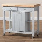 Carrito de cocina de madera gris estilo rústico con encimera de madera de caucho
