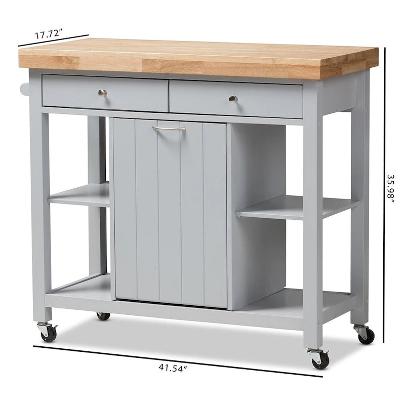 Carrito de cocina de madera gris estilo rústico con encimera de madera de caucho