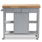 Carrito de cocina de madera gris estilo rústico con encimera de madera de caucho