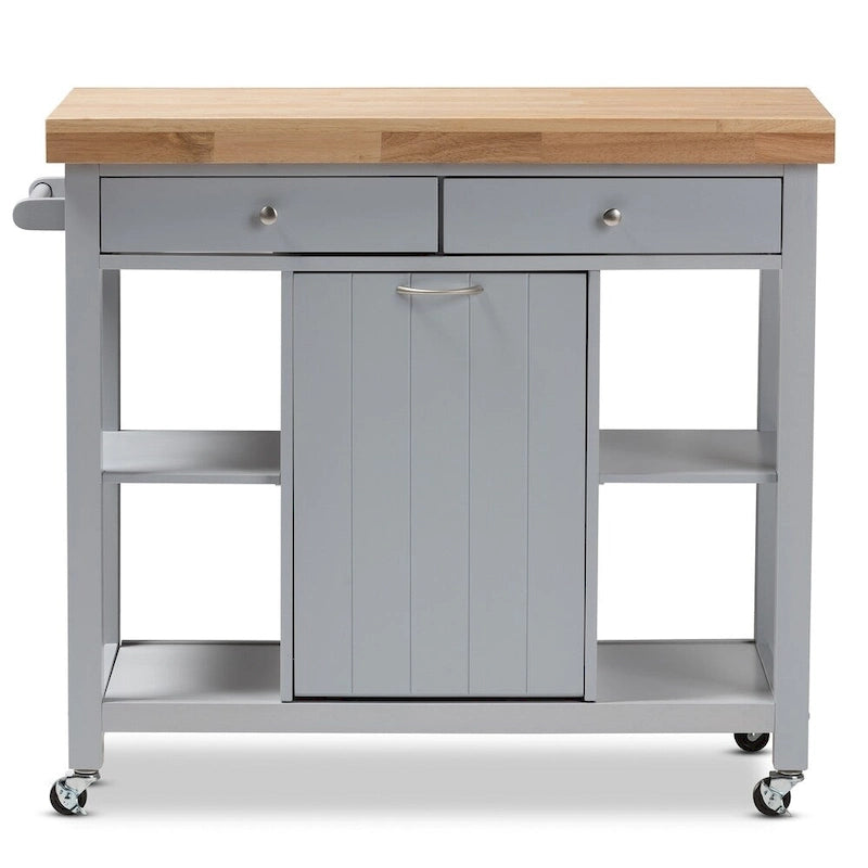 Carrito de cocina de madera gris estilo rústico con encimera de madera de caucho